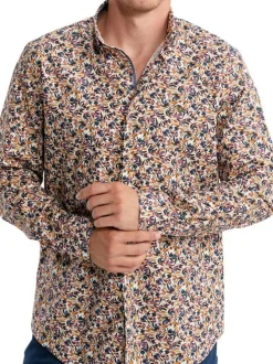 Chemise en coton orange florale pourvue d'une coupe slim et d'un col français