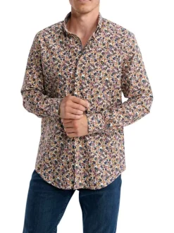 Chemise en coton orange florale pourvue d'une coupe slim et d'un col français