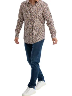 Chemise en coton orange florale pourvue d'une coupe slim et d'un col français