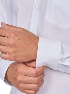 Chemise en coton piqué blanche unie à coupe regular fit et col américain