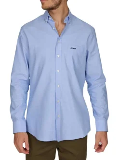 Chemise en coton piqué bleue ciel unie à coupe regular fit et col américain