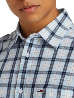 Chemise en coton régénératif ciel à carreaux et coupe droite avec col français