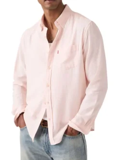 Chemise en coton rose à coupe droite pourvue d'un col à revers
