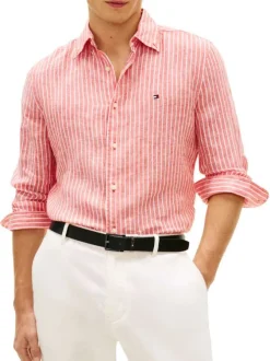 Chemise en coton rose saumon à coupe droite ornée d'un motif à rayures
