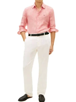 Chemise en coton rose saumon à coupe droite ornée d'un motif à rayures