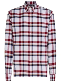 Chemise en coton rouge tweed avec une coupe droite et un col américain