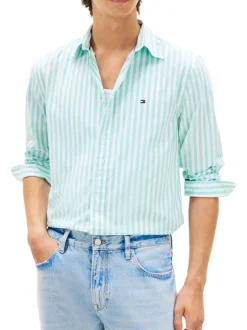 Chemise en coton turquoise à coupe droite ornée d'un motif à rayures