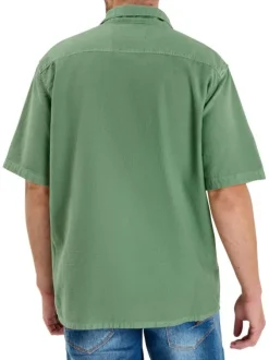 Chemise en coton verte à coupe droite pourvue d'un col cubain