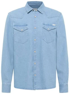Chemise en jean en coton bleue unie avec une coupe droite et un col français