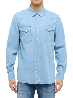 Chemise en jean en coton bleue unie avec une coupe droite et un col français