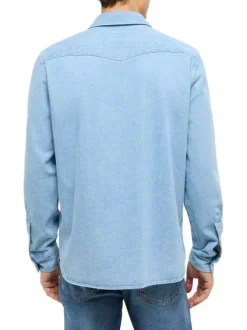 Chemise en jean en coton bleue unie avec une coupe droite et un col français