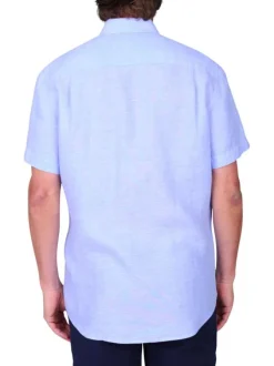 Chemise en lin bleu ciel unie avec une coupe droite et un col boutonné