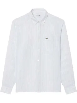 Chemise en lin bleu clair à coupe droite ornée d'un motif à rayures