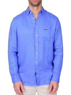 Chemise en lin bleue unie avec une coupe droite et un col boutonné