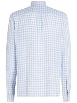 Chemise en lin ciel vichy à coupe droite, col américain et manches longues