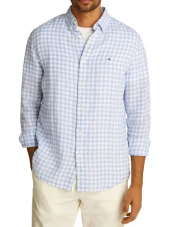 Chemise en lin ciel vichy à coupe droite, col américain et manches longues