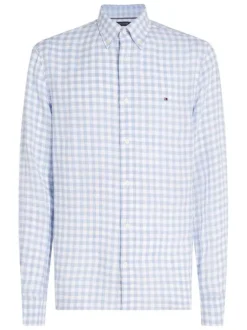 Chemise en lin ciel vichy à coupe droite, col américain et manches longues