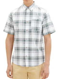 Chemise en lin et coton blanche carreaux coupe droite col italien