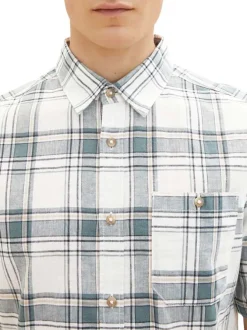 Chemise en lin et coton blanche carreaux coupe droite col italien