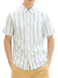 Chemise en lin et coton blanche rayée à coupe droite et col italien