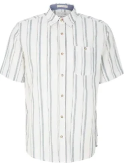 Chemise en lin et coton blanche rayée à coupe droite et col italien