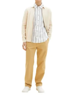 Chemise en lin et coton blanche rayée à coupe droite et col italien