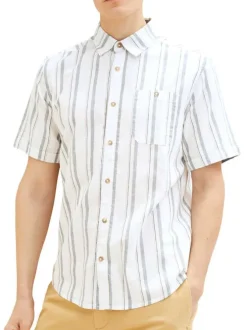 Chemise en lin et coton blanche rayée à coupe droite et col italien