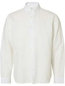 Chemise en lin et coton blanche uni avec une coupe ajustée et un col boutonné