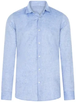 Chemise en lin et coton bleue chiné avec un col français et une coupe ajustée