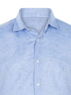 Chemise en lin et coton bleue chiné avec un col français et une coupe ajustée