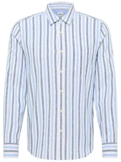 Chemise en lin et coton bleue à rayures avec une coupe slim et une poche