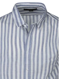 Chemise en lin et coton bleue à rayures pourvue d'un col français