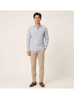 Chemise en lin et coton bleue à rayures pourvue d'un col français