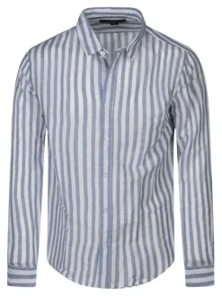 Chemise en lin et coton bleue à rayures pourvue d'un col français