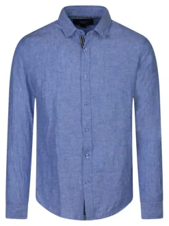 Chemise en lin et coton bleue unie pourvue d'un col français