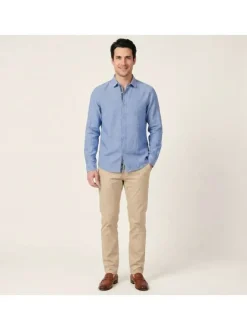 Chemise en lin et coton bleue unie pourvue d'un col français