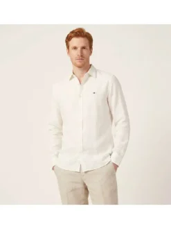 Chemise en lin et coton écrue unie pourvue du logo brodé sur la poitrine