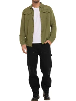 Chemise en lin et coton kaki uni à coupe droite avec col à revers