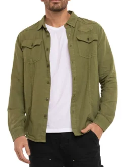 Chemise en lin et coton kaki uni à coupe droite avec col à revers