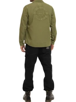 Chemise en lin et coton kaki uni à coupe droite avec col à revers