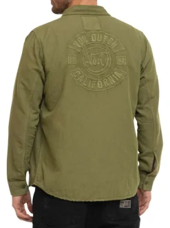 Chemise en lin et coton kaki uni à coupe droite avec col à revers