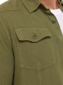 Chemise en lin et coton kaki uni à coupe droite avec col à revers
