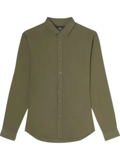 Chemise en lin et coton kaki unie avec une coupe regular fit