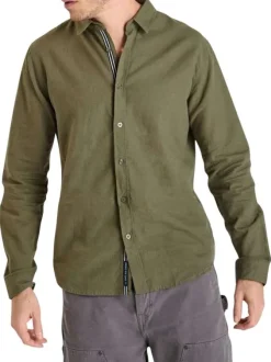 Chemise en lin et coton kaki unie avec une coupe regular fit