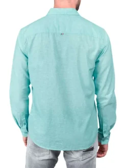 Chemise en lin et coton turquoise unie à coupe regular fit et un col français