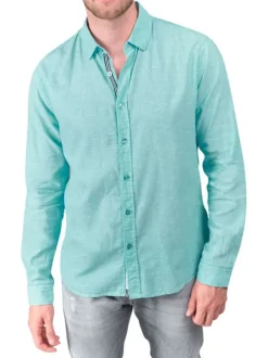 Chemise en lin et coton turquoise unie à coupe regular fit et un col français