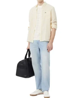 Chemise en lin jaune à coupe droite ornée d'un motif à rayures