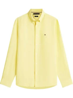 Chemise en lin jaune à coupe droite pourvue d'un col boutonné