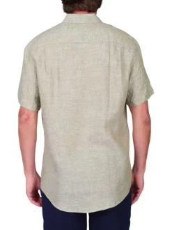 Chemise en lin kaki unie avec une coupe droite et un col boutonné