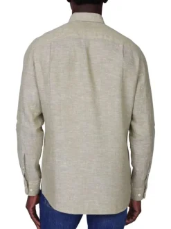 Chemise en lin kaki unie avec une coupe droite et un col boutonné